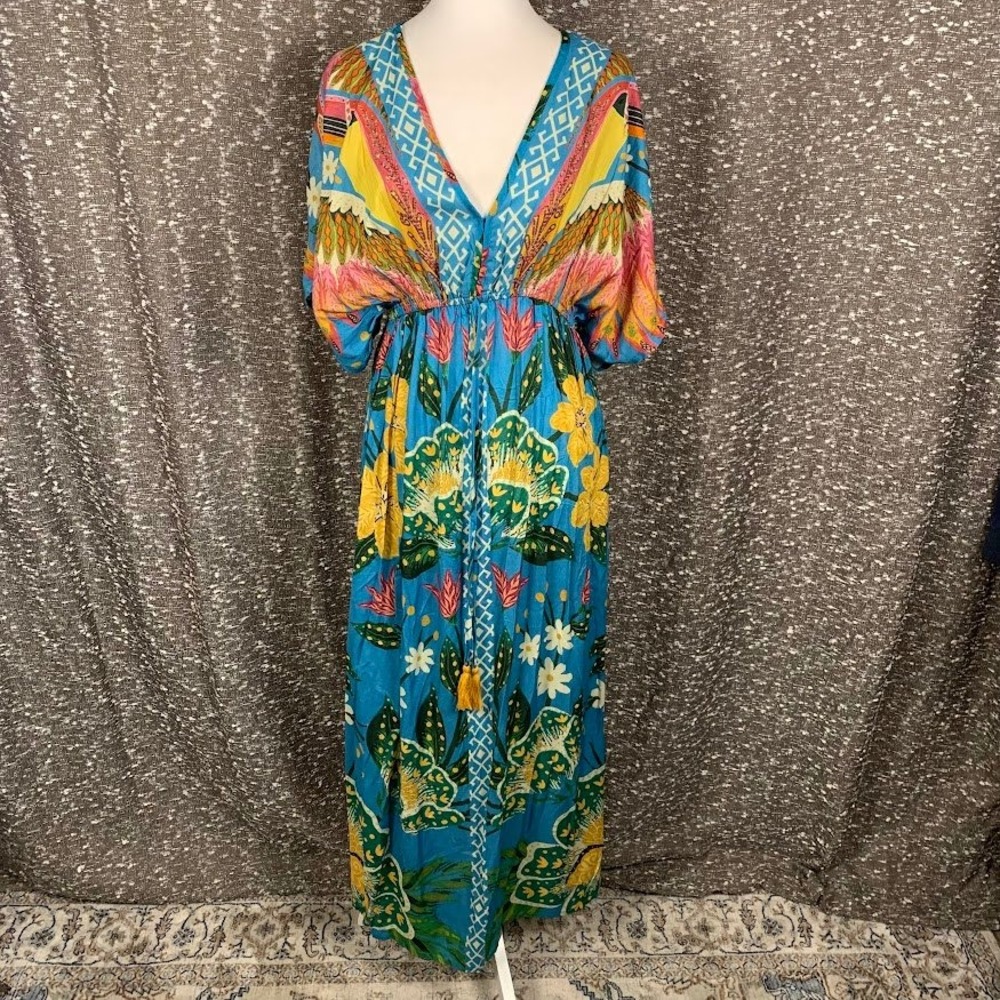 NWT World Market Tropical Bird Floral Maxi Dress Blue Boho Resort V-Neck S/M